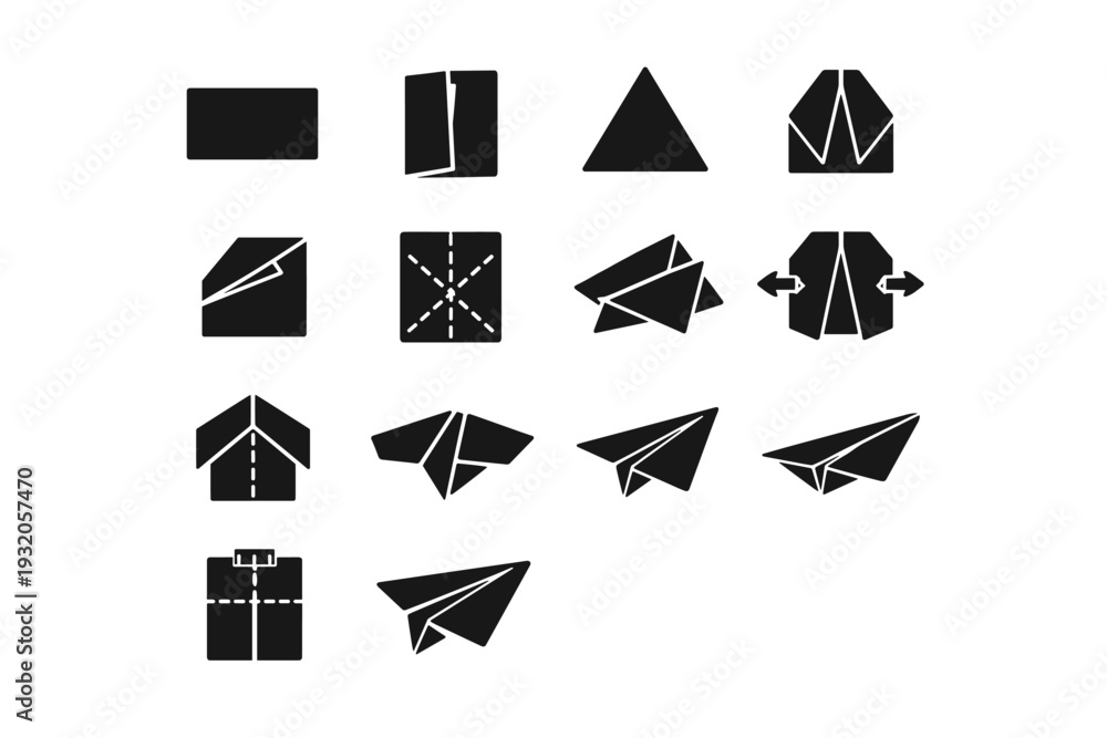 Naklejka premium Paper Plane Folding. Solid icon set of Paper Plane Folding: paper folding start, half fold paper, triangle fold, wing fold, nose fold, crease paper,