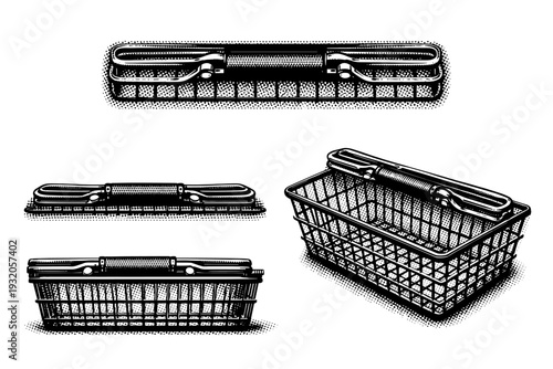 Shopping basket folded handle A realistic folded handle of a wire shopping basket shown as a single object in three views including top, side, and angled