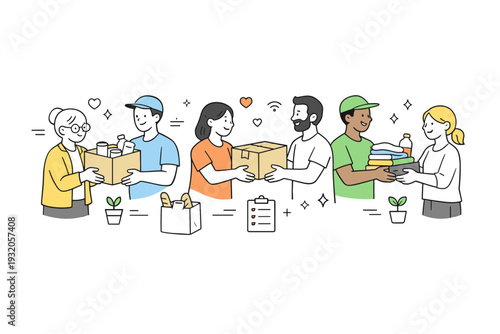 Community support and mutual aid. A friendly scene of neighbors exchanging help, sharing resources, or passing boxes hand to hand. Calm collaboration and