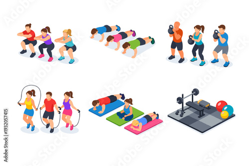 group workout. Isometric flat vector icons set of group workout: athletes doing squats, push up formation, kettlebell training, jump rope exercise, workout