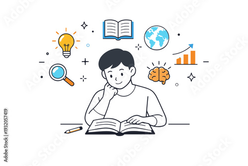 Learning and progress. A person reading or studying with idea icons floating above, showing curiosity and mental growth. The illustration communicates focus,