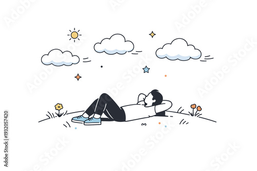 Clear blue sky. A simple outdoor scene with a person lying on the grass, watching clouds slowly drift by. The illustration feels relaxed and thoughtful,