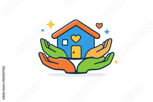 Belonging in future communities visualized as a shared home icon supported by multiple hands, symbolizing safety, cooperation, and collective care. Minimalist