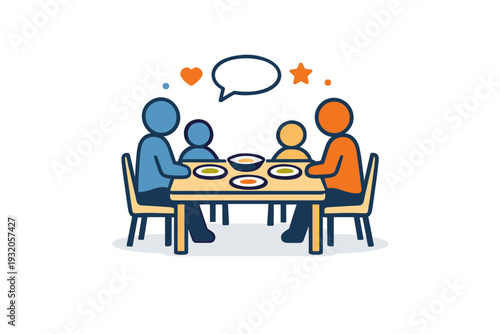 Family life shared meals concept shown as a small dining table with multiple plates and simple silhouettes, symbolizing unity, routine and communication.