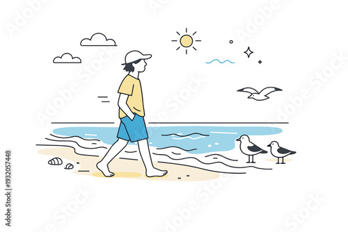 Beach life morning walk. A person strolling barefoot along the shoreline with gentle waves and seabirds nearby, expressing slow pace and fresh start of the