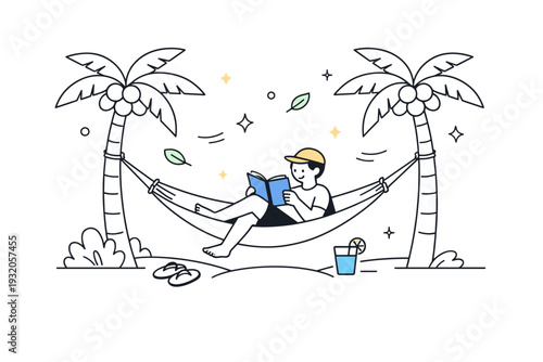 Palm grove relaxation. A person sitting on a hammock tied between two palm trees, reading a book and enjoying calm surroundings. Peaceful tropical leisure