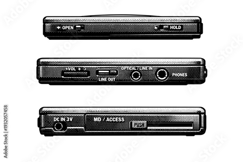 Mini Disc player side profile. A realistic Mini Disc player is shown as one object presented in three different views focusing on side profile thickness, edge