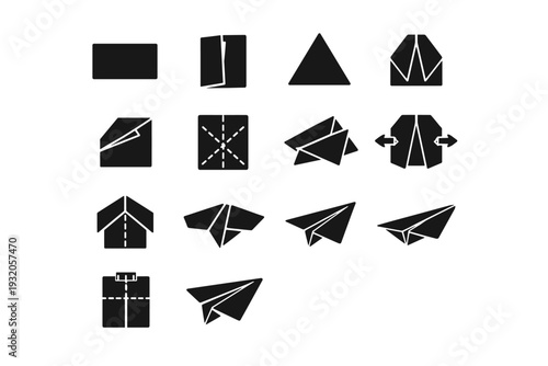 Paper Plane Folding. Solid icon set of Paper Plane Folding: paper folding start, half fold paper, triangle fold, wing fold, nose fold, crease paper,