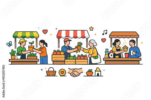 Community local market scene featuring people exchanging goods at small stalls with fruits, plants, and tiny decorative icons, representing interaction,