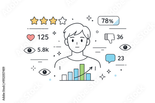 Feeling judged by algorithms. A calm character framed by floating rating stars, metrics, and small eye icons, maintaining a neutral expression. Subtle pressure