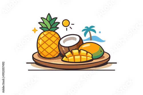 Island life illustrated with a plate of tropical fruits including pineapple, coconut, and mango on a beach table, representing freshness, leisure, and colorful