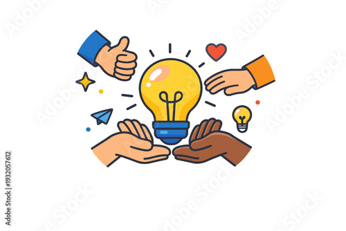 Psychological safety for innovation shown through a lightbulb idea icon supported by multiple hands, expressing encouragement, risk tolerance, and
