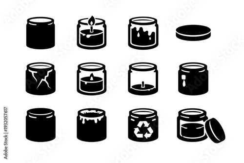 Candle Jar. Solid icon set of Candle Jar: empty candle jar, used glass candle, wax residue jar, candle jar lid, cracked glass candle, half filled jar candle,