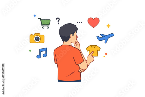 Overchoice effect describing decision fatigue caused by too many options, shown through a person paused in front of multiple simple icons while selecting one