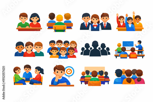 StudentAudience. Colorful flat vector icons set of StudentAudience: diverse students, seated rows, listening students, student uniforms, raised