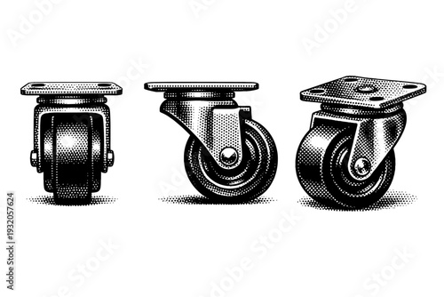 Filing cabinet caster wheels A detailed caster wheel of a metal filing cabinet presented as a single object in three views including front, side, and angled,