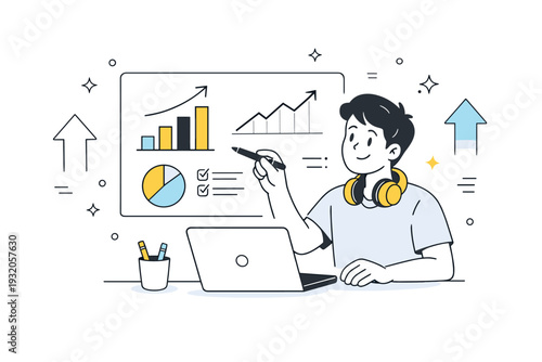 Analytics and growth. A content creator reviewing charts and performance metrics on a screen. Positive progress mood with upward arrows and minimal data