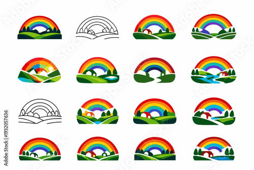 A vibrant rainbow arching over a peaceful countryside after a rainstorm. Icon set. Set Logo of vibrant rainbow countryside: rolling hills landscape. harmonious