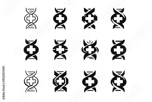 Innovations in biotechnology for healthcare. Icon set. Set Logo of Innovations in biotechnology for healthcare: DNA helix with medical cross. harmonious logo