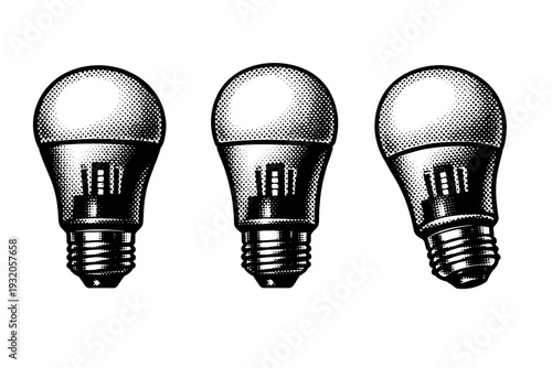 Light bulb icon LED bulb depicted as the same modern LED bulb shown from front, side, and three-quarter perspectives, highlighting diffuser dome, internal