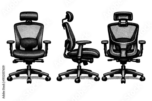 Rolling Office Chair ? Ergonomic rolling office chair shown in front-facing view, side profile, and rear view, representing the same chair with realistic seat,