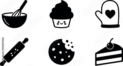 Flat design cute baking icons set close up six utensils desserts with smiling faces on white background simple bold vector