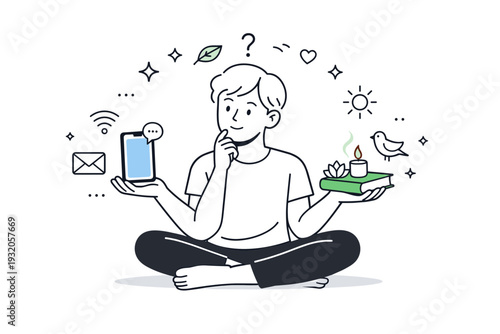 Balanced relationship with technology. A person choosing between a phone and a peaceful activity, with calm posture and thoughtful expression. Gentle message