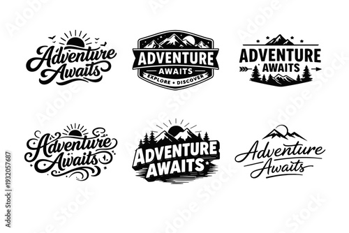 Adventure Awaits. Set lettering. harmonious lettering variations of the same emblematic concept, each with different artistic interpretation (Bold