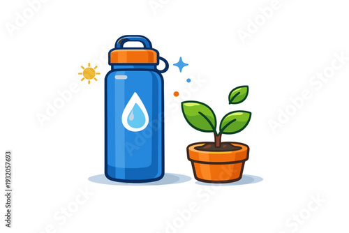 Sustainable lifestyle expressed through a water bottle and small plant standing side by side. The illustration conveys reusable habits, hydration, and respect