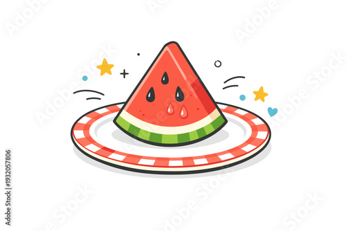 Sliced watermelon on a plate. A fresh slice of watermelon on a summer picnic plate, soft juice droplets and seeds visible, cheerful and refreshing summer vibe.