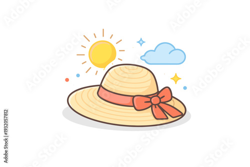 Summer hat represented by a stylish straw hat with a ribbon, placed alongside minimal sun and cloud elements, symbolizing leisure, vacation, and outdoor