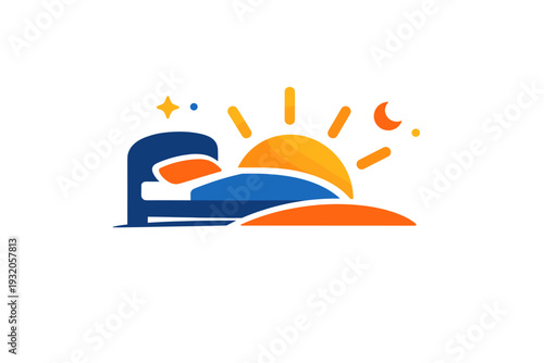 Circadian rhythm and sleep balance focusing on healthy routines, visualized with a bed icon transitioning smoothly into a rising sun to suggest restorative