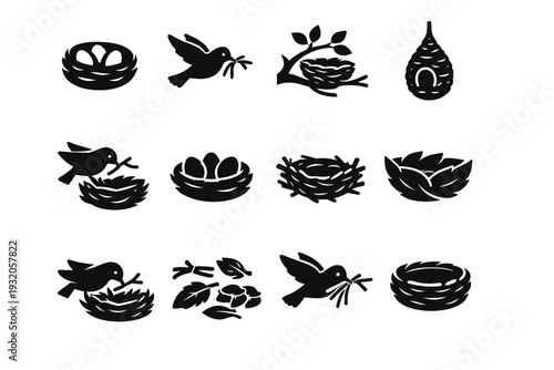 Birds Building Nests. Solid icon set of Birds Building Nests: bird nest, bird carrying twig, nest in tree, woven nest, bird building nest, eggs in nest, branch