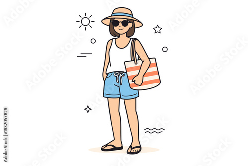 Summer beach look. A person wearing a hat, sunglasses, and casual beachwear, standing calmly with a tote bag. The mood is effortless and modern, expressing