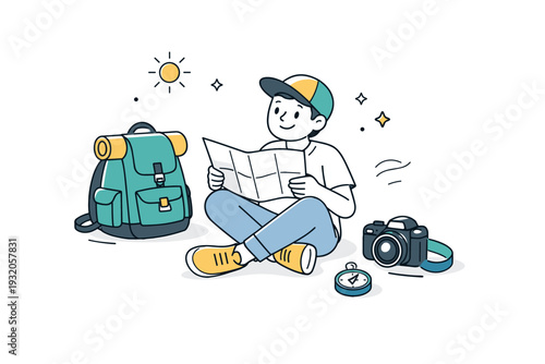 Travel exploration. A backpack, camera, and map arranged around a relaxed traveler, suggesting preparation and curiosity. Clean editorial scene about