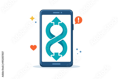 Doomscrolling habit represented as an infinite scrolling arrow looping on a mobile screen, symbolizing compulsive behavior and difficulty disconnecting. The