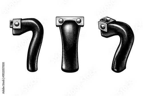 Moka pot handle A realistic moka pot handle shown in three views: side profile, front view, and angled perspective, focusing on ergonomic shape and attachment