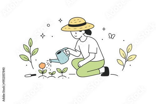 Straw hat garden calm. A person in a straw hat watering plants in a small garden, expressing care, nature, and slow living. Peaceful action with soft