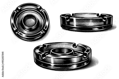 Ashtray classic round ashtray with cigarette rests and central bowl, realistic glass thickness and weight. Black and white dot style with halftone texture and