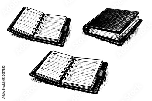 Paper planner angled orientation. A realistic paper planner is presented as one object shown in three angled views emphasizing overall volume, balance, and