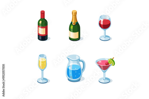 GrandDinnerDrinks. Isometric flat vector icons set of grand dinner drinks: wine bottle, champagne bottle, filled wine glass, champagne flute, water carafe,