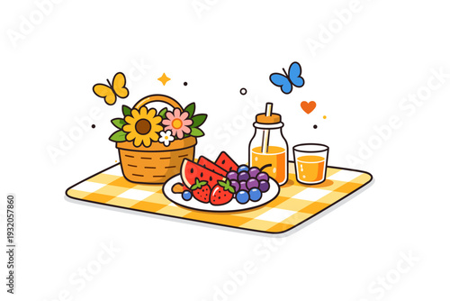 Mindful summer captured as a small picnic of fresh fruit and flowers on a sunlit blanket with floating butterflies, conveying sensory awareness, joy, and calm
