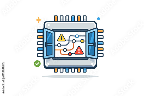 Algorithm transparency idea shown through an open window inside a simple AI chip, with visible logic paths and small warning markers, conveying accountability