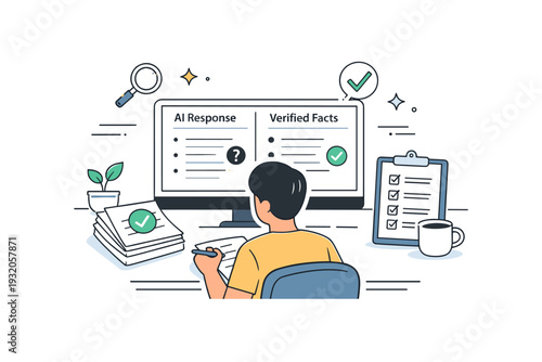 Fact-checking AI responses. A calm workspace scene with a person comparing AI-generated answers on a screen with verified documents or checkmarks nearby. Sense