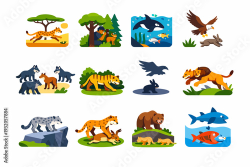 Wild hunting. Colorful flat vector icons set of Wild hunting: savanna chase, forest stalk, ocean pursuit, aerial hunt, pack strategy, solo hunter, prey shadow,