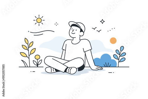 Relax time nature break. A relaxed editorial moment of a person sitting outdoors, enjoying fresh air and quiet surroundings. Stillness, gentle breeze, simple