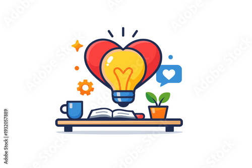 Emotional intelligence at work mindset symbolized by a lightbulb combined with heart shaped elements above a desk, expressing insight, empathy and human