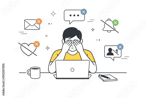 Virtual fatigue concept. A person sitting at a desk with a laptop, gently rubbing their eyes while muted notification icons float around. Calm sense of digital
