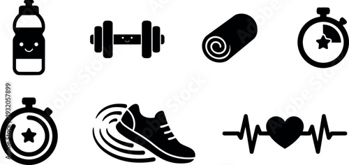 Flat design fitness icon set smiling water bottle dumbbell rolled mat stopwatch running shoe heart rate pulse display black silhouettes