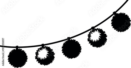 Flat design close up hanging pom pom garland with five round tassel ornaments on curved string silhouette black minimalist side